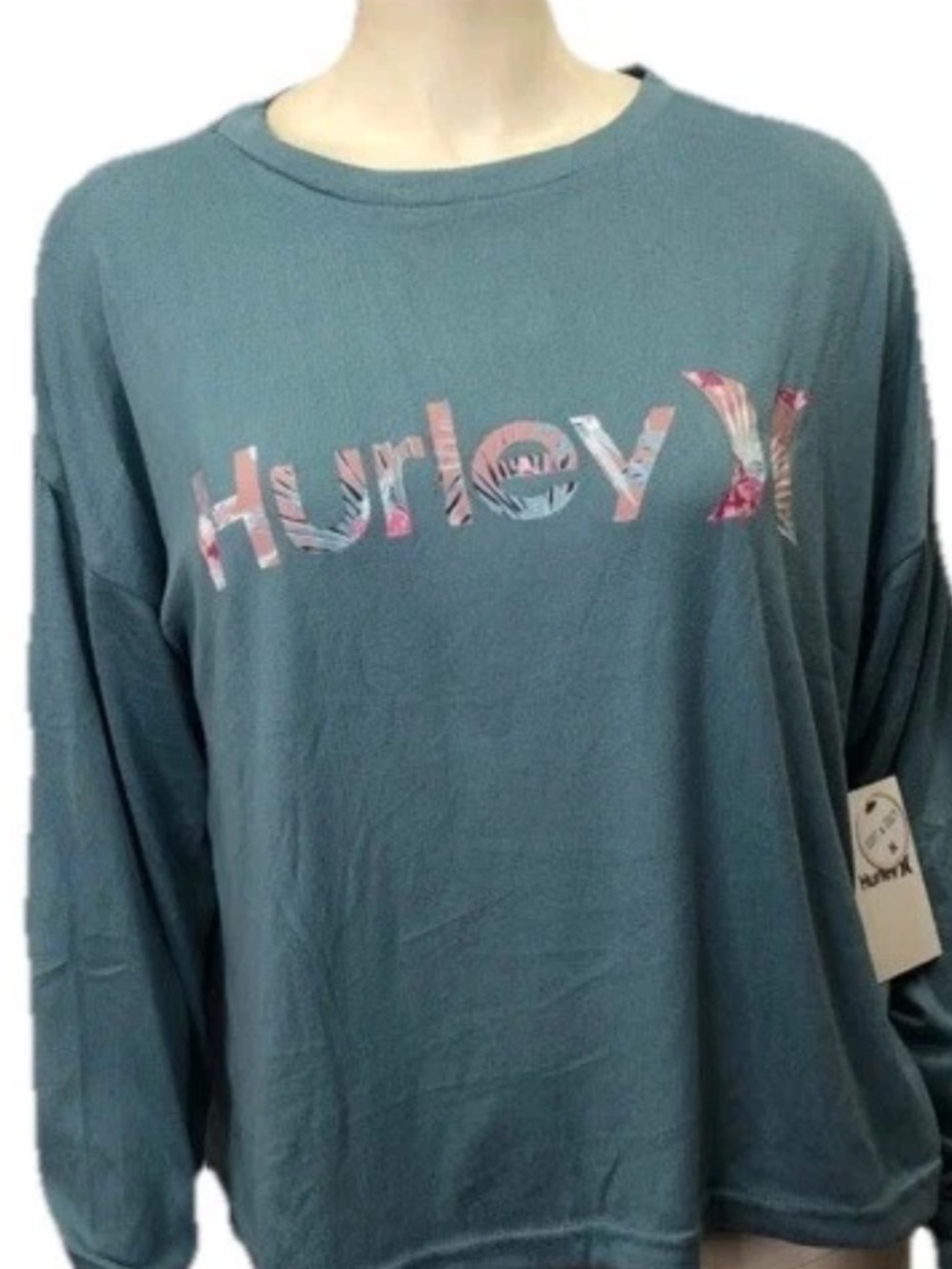NWT Hurley Teal Long-Sleeve Logo Soft Top with Floral Accent Size M